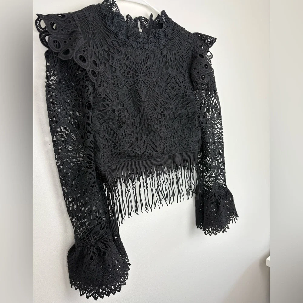Beulah Black Crochet Fringe Long Sleeve Blouse size 6 zipper back boho festival - Picture 3 of 13